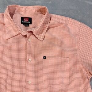 Quiksilver Mens‎ Short Sleeve Button Up Shirt Coral Gingham Plaid  Size L READ!